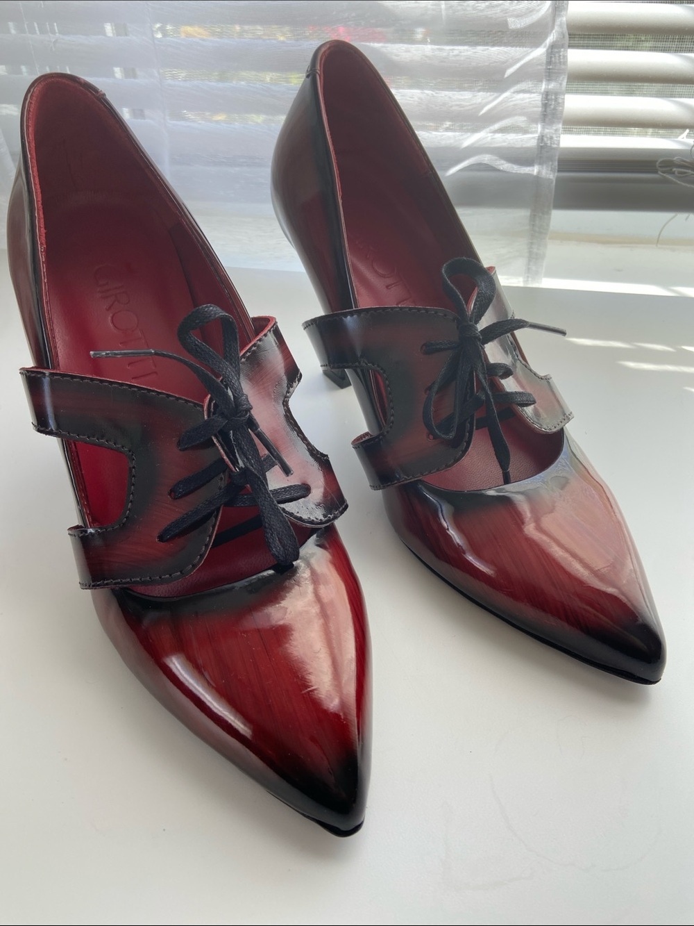 New Girotti Burgundy Black Pointed Toe Lace Up Pumps Oxford Heels EU 37 - Picture 4 of 13